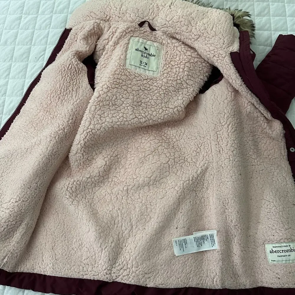 Abercrombie Kids Puffer Coat 13/14 Burgundy Hooded Faux Fur Trim Sherpa Parka